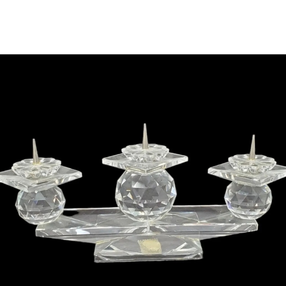 Vintage Swarovski Crystal Candle Holder 1980's Faceted 3 Pin Candelabra Signed